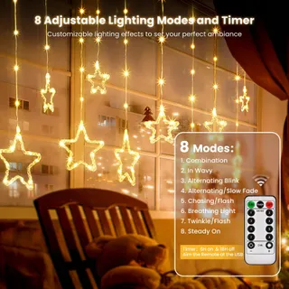 DAZSPIRIT LED Lichtgordijn Sterren Haken USB Raam 144 LED — miniatuur 3