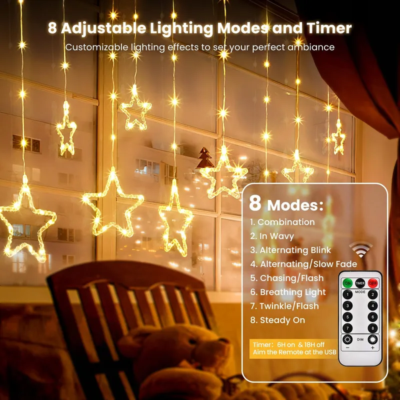 DAZSPIRIT LED Lichtgordijn Sterren Haken USB Raam 144 LED — foto 3