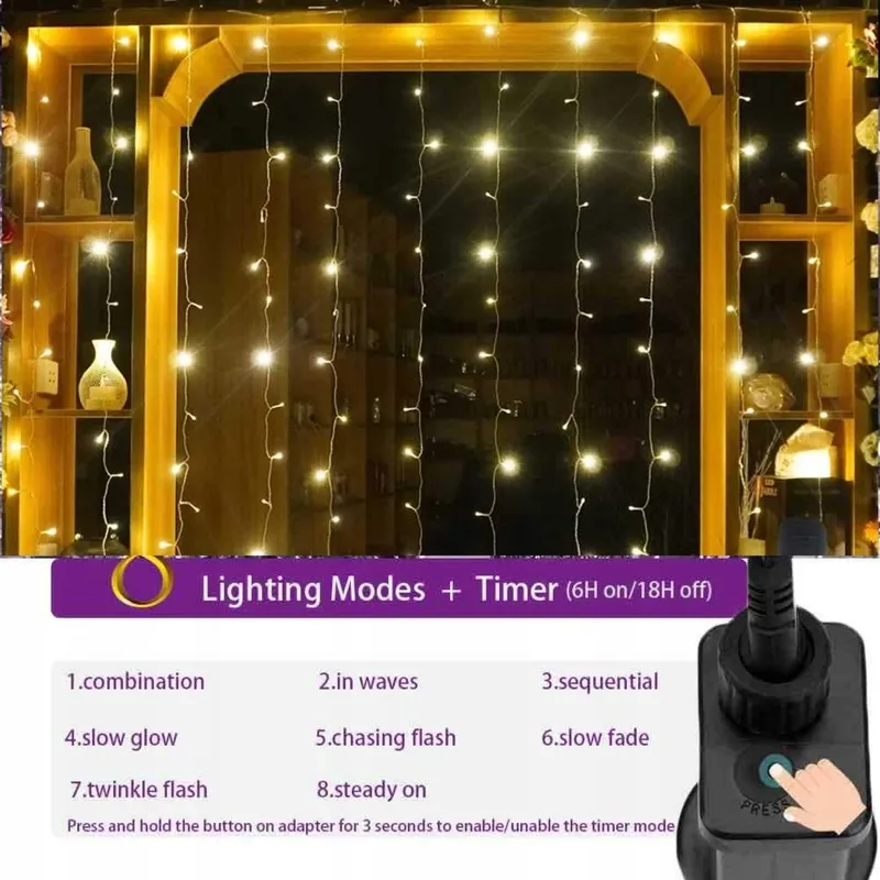 YASENN LED Lichtgordijn Raam Kerst Koud Wit 3x3m 300 LED 8 Modi — foto 3