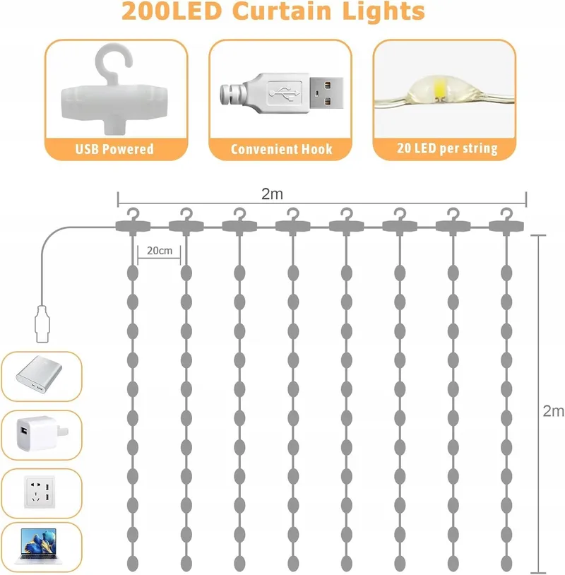 A.BIGWHALE LED Lichtgordijn USB Warm Wit Raam Bruiloft 2x2M — foto 4