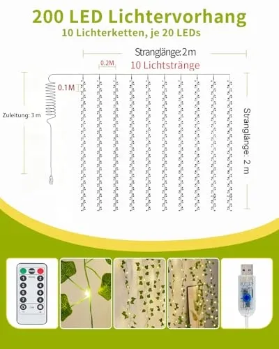 KASZOO LED Klimop Lichtsnoer 200 Stuks USB Batterij — foto 2