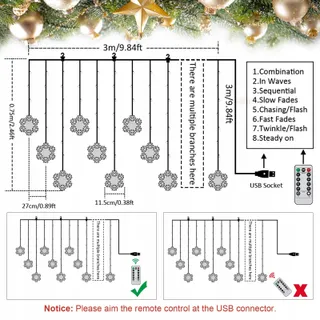 BLOOMWIN LED Sneeuwvlokken Lichtgordijn Warm Wit USB Raam Kerst 3m — miniatuur 5