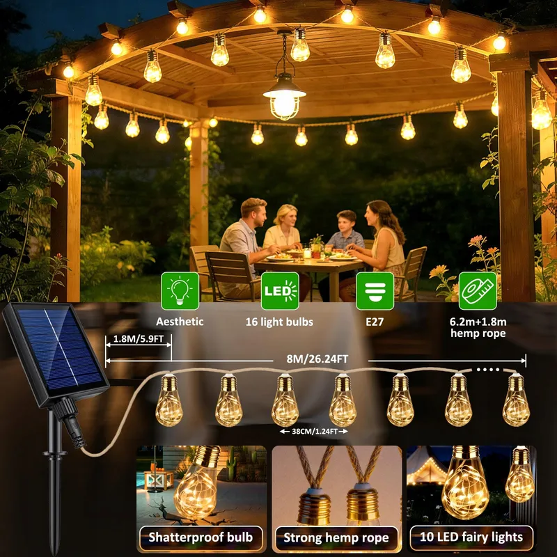 Solar Lichtsnoer Hennepkoord Buiten 8M 16 LED Afstandsbediening — foto 6