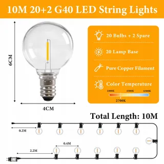 MOLVCE LED Lichtketting Buiten 10M 22 G40 Lampen Warmwit IP44 — miniatuur 3