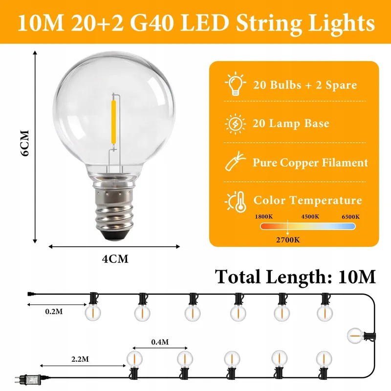 MOLVCE LED Lichtketting Buiten 10M 22 G40 Lampen Warmwit IP44 — foto 3