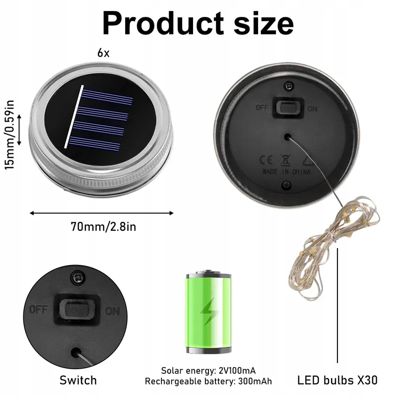 GOMETY Solar Mason Jar Tuinlampen 6 Stuks 3m 30 LED — foto 2