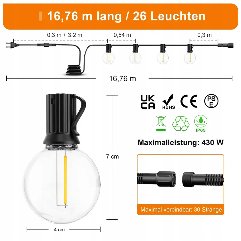 OHLUX Tuinverlichting 16m 26 LED G40 Warm Wit Waterdicht IP65 — foto 5