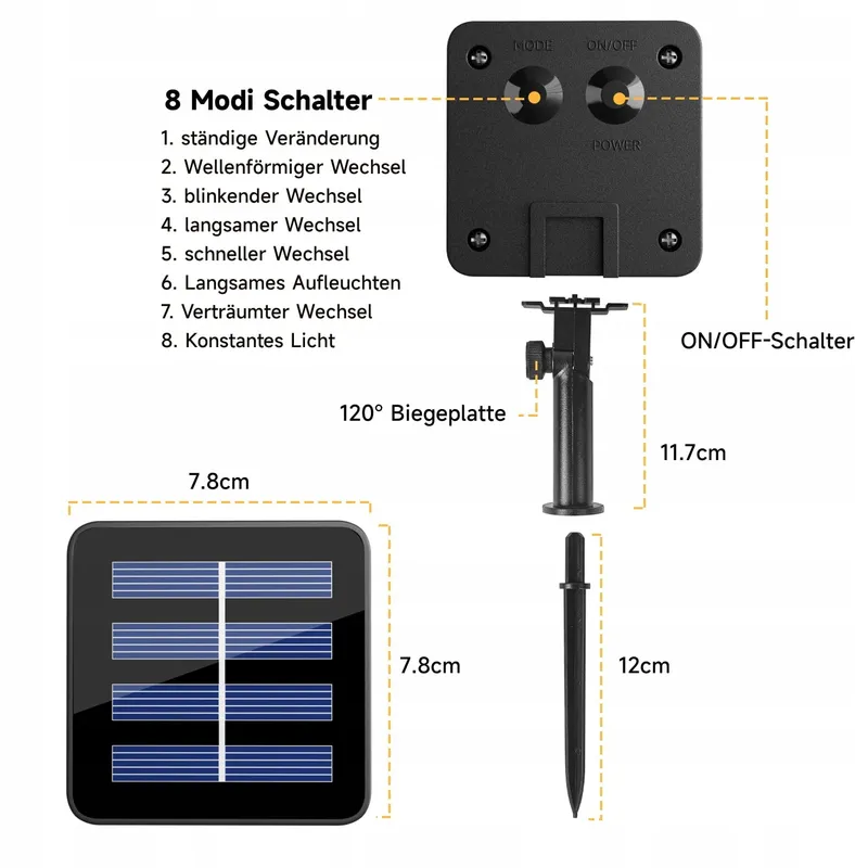 ELECTIGHT Solar Lichtsnoer Buiten Warm Geel 2x20M 400 LED 8 Modi — foto 7