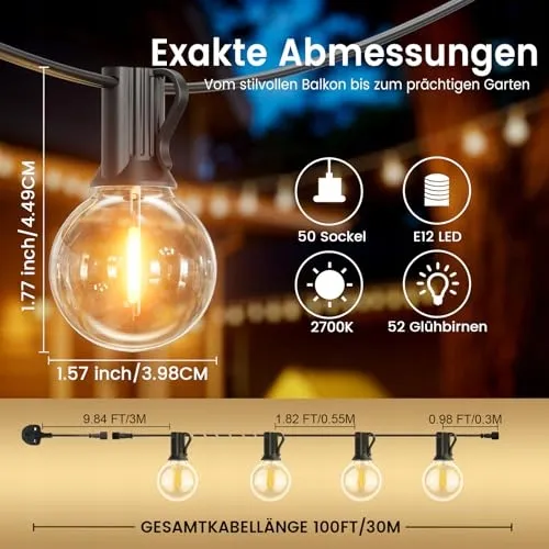 LONIUTO LED Lichtketting 30M 52 Lampen G40 E12 IP45 Warm Wit — foto 4
