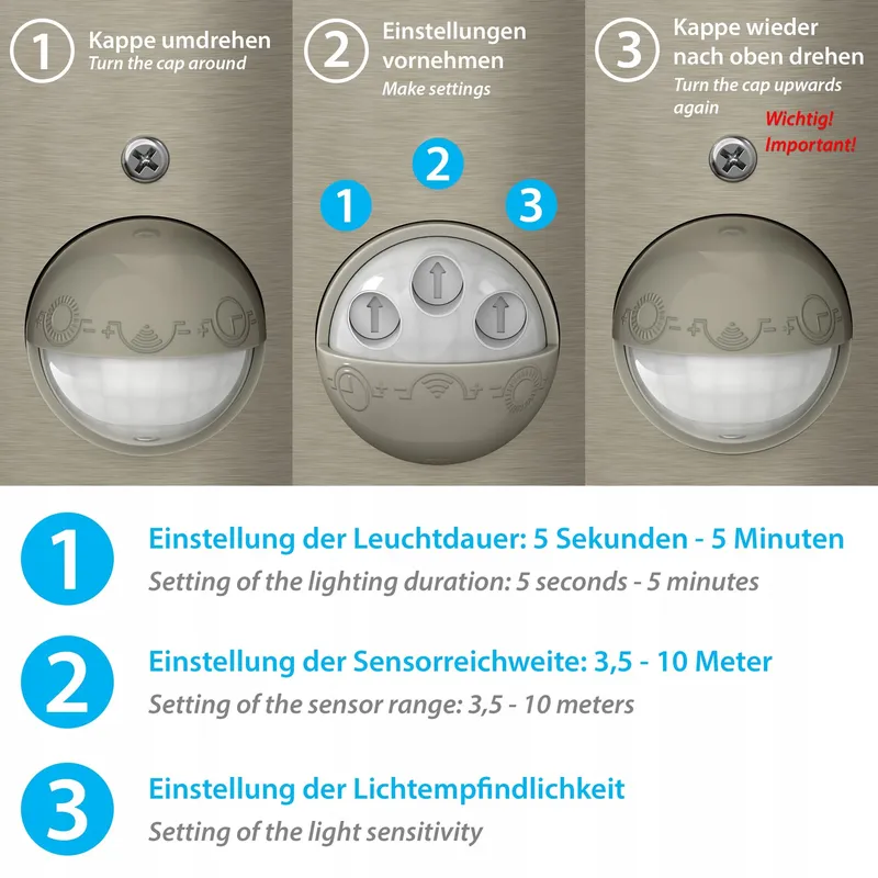 LEDSCOMDE PORU Buitenwandlamp Bewegingssensor RVS E27 IP44 — foto 3