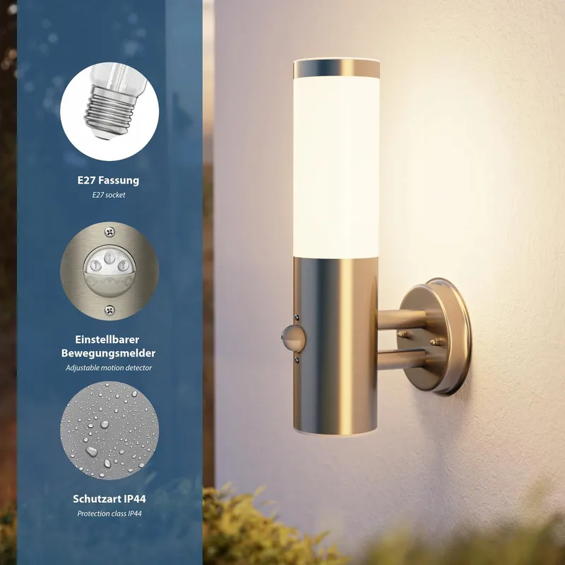 LEDSCOMDE PORU Buitenwandlamp Bewegingssensor RVS E27 IP44 — foto 4