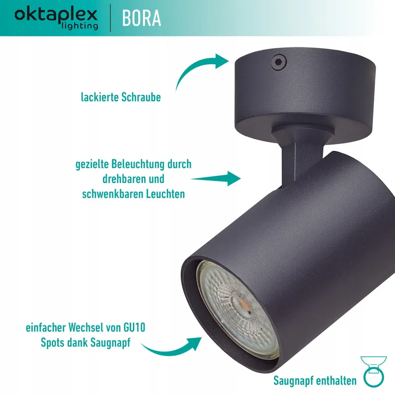 OKTAPLEX Bora Plafondspot 1-Punts GU10 LED Zwart Verstelbaar — foto 3