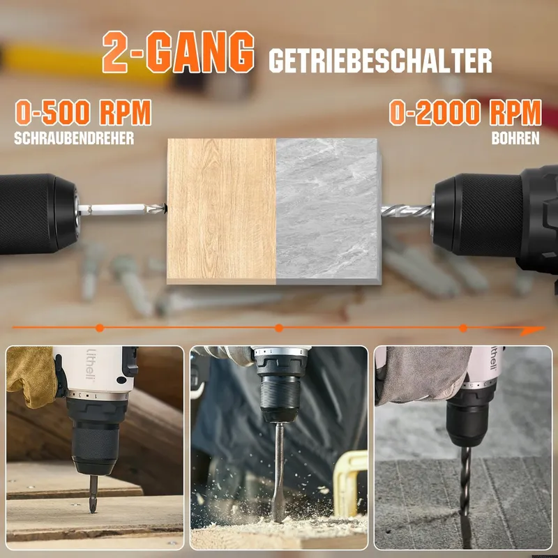 LITHELI Accuboorschroevendraaier 20V 10000mAh 60Nm LED Voor Thuis — foto 4