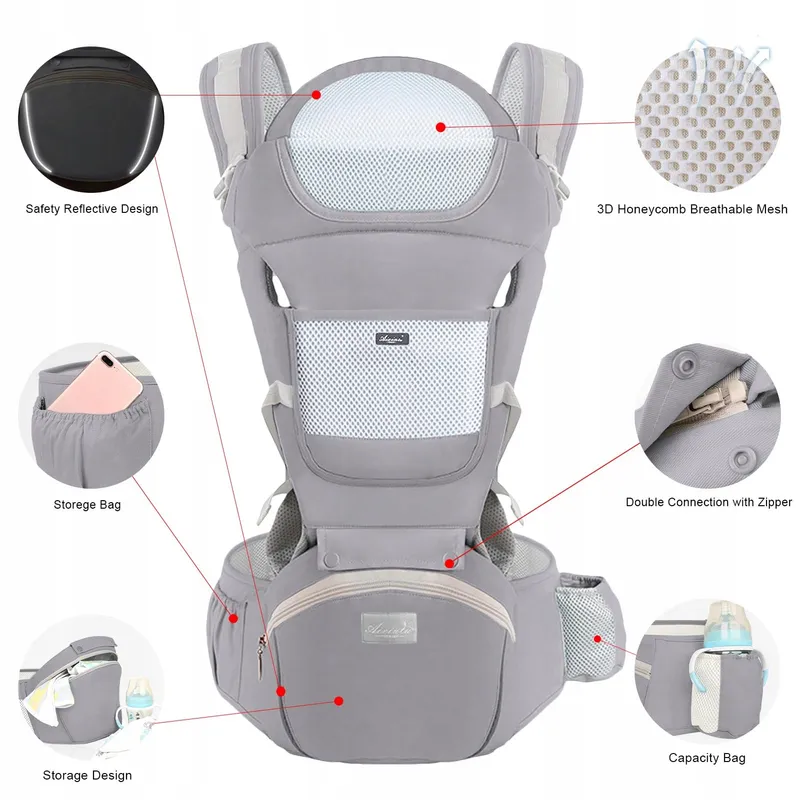 IULONEE Ergonomische Babydrager met Zitje Grijs 3-20kg — foto 4