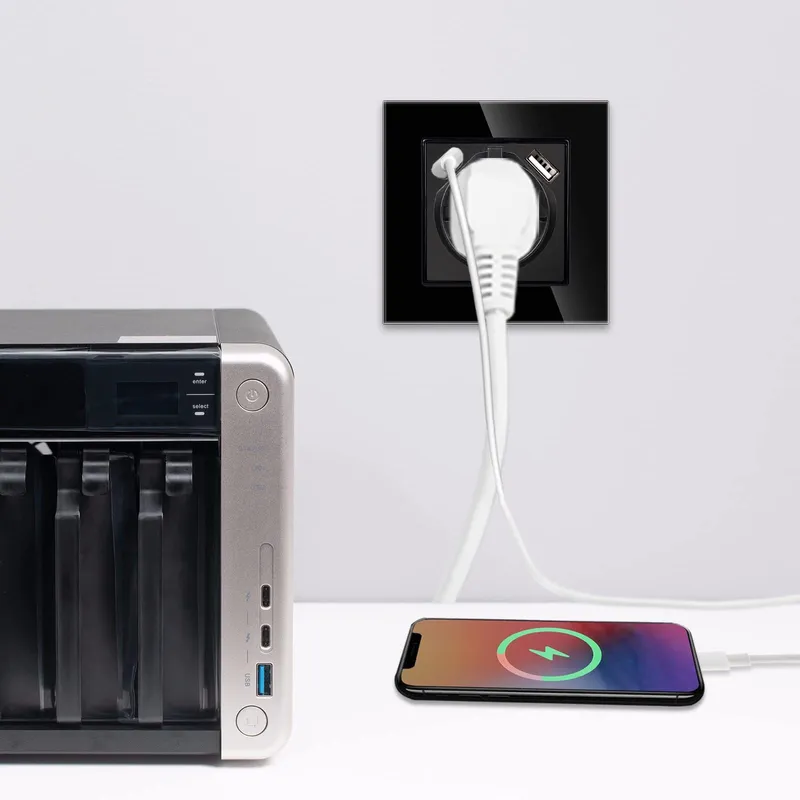 JIMEIDA USB Stopcontact Zwart 16A Glas Met USB A Type C 250V 86mm — foto 5