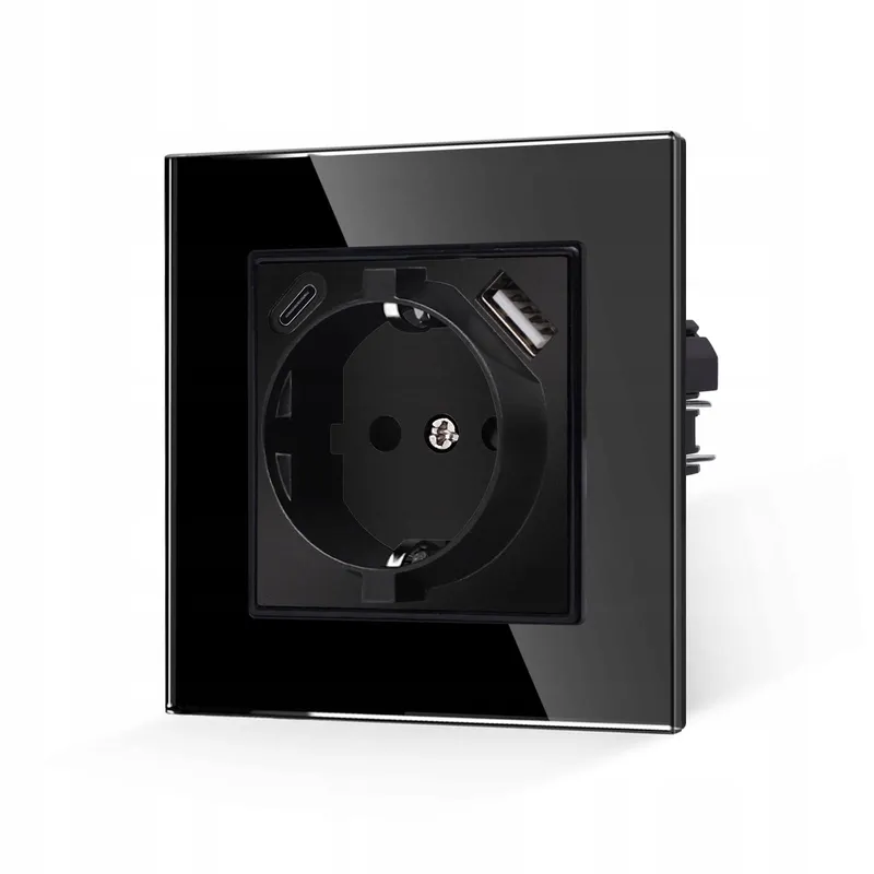 JIMEIDA USB Stopcontact Zwart 16A Glas Met USB A Type C 250V 86mm — foto 1