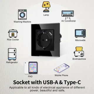 JIMEIDA USB Stopcontact Zwart 16A Glas Met USB A Type C 250V 86mm — miniatuur 6