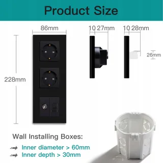 BSEED Dubbel Stopcontact TV PC CAT5e Glas 16A 100-220V Zwart — miniatuur 3