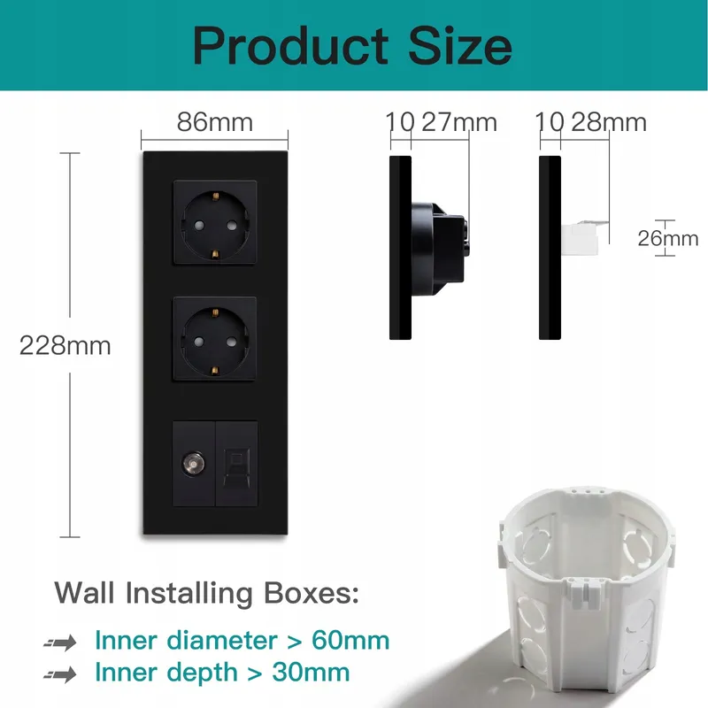 BSEED Dubbel Stopcontact TV PC CAT5e Glas 16A 100-220V Zwart — foto 3