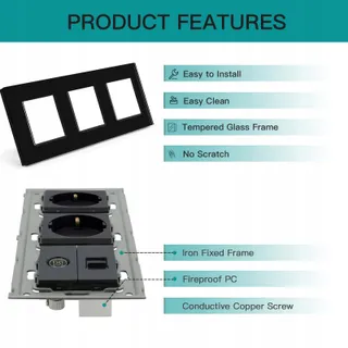 BSEED Dubbel Stopcontact TV PC CAT5e Glas 16A 100-220V Zwart — miniatuur 2