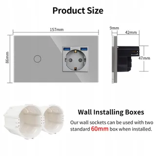 JIMEIDA Stopcontact USB Grijs 16A Glas 3-in-1 Touchschakelaar LED — miniatuur 2