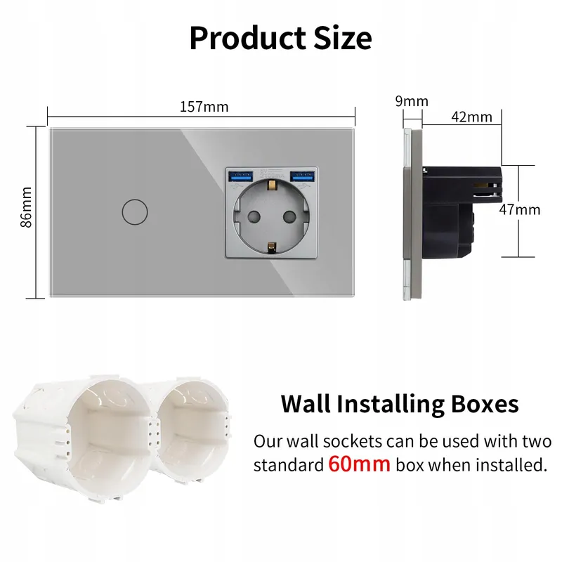 JIMEIDA Stopcontact USB Grijs 16A Glas 3-in-1 Touchschakelaar LED — foto 2
