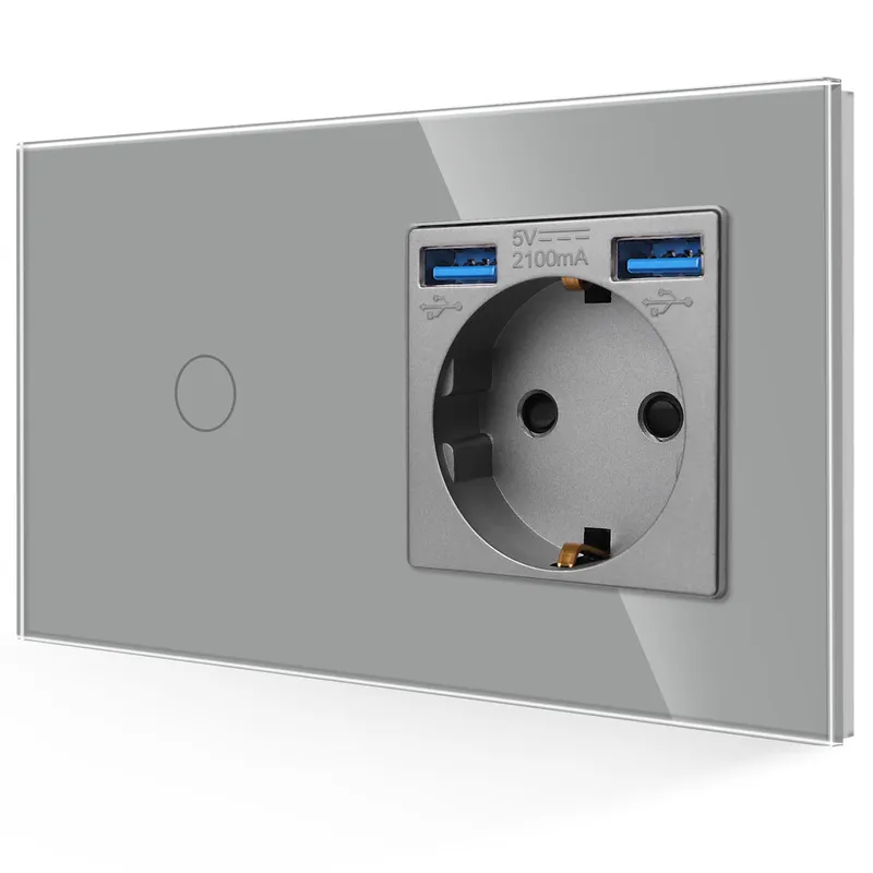 JIMEIDA Stopcontact USB Grijs 16A Glas 3-in-1 Touchschakelaar LED — foto 1