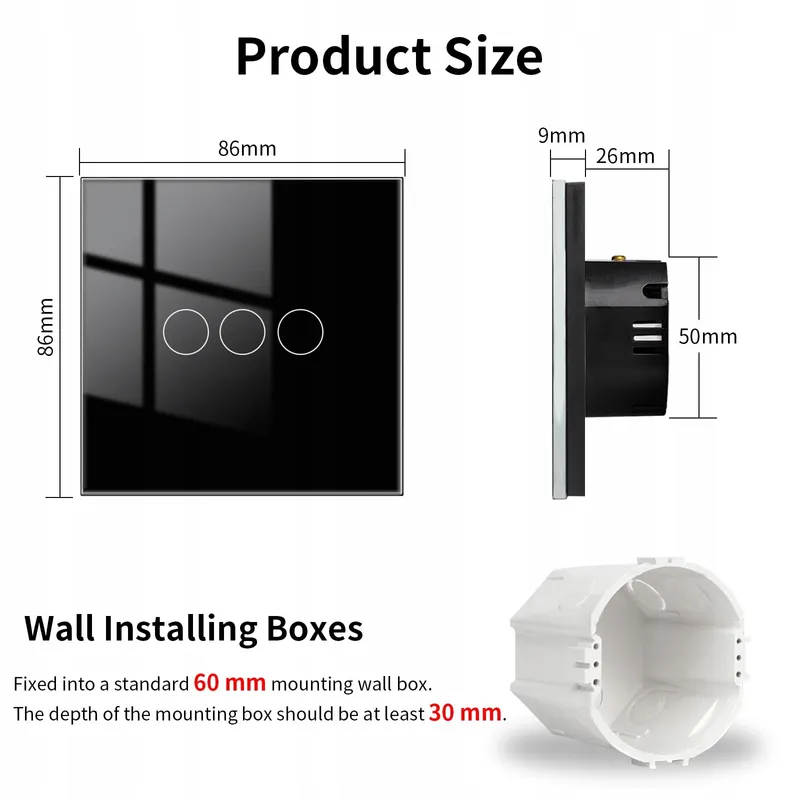 JIMEIDA Touchschakelaar 3-Kanaals Zwart Glazen Paneel LED 240V 500W — foto 3