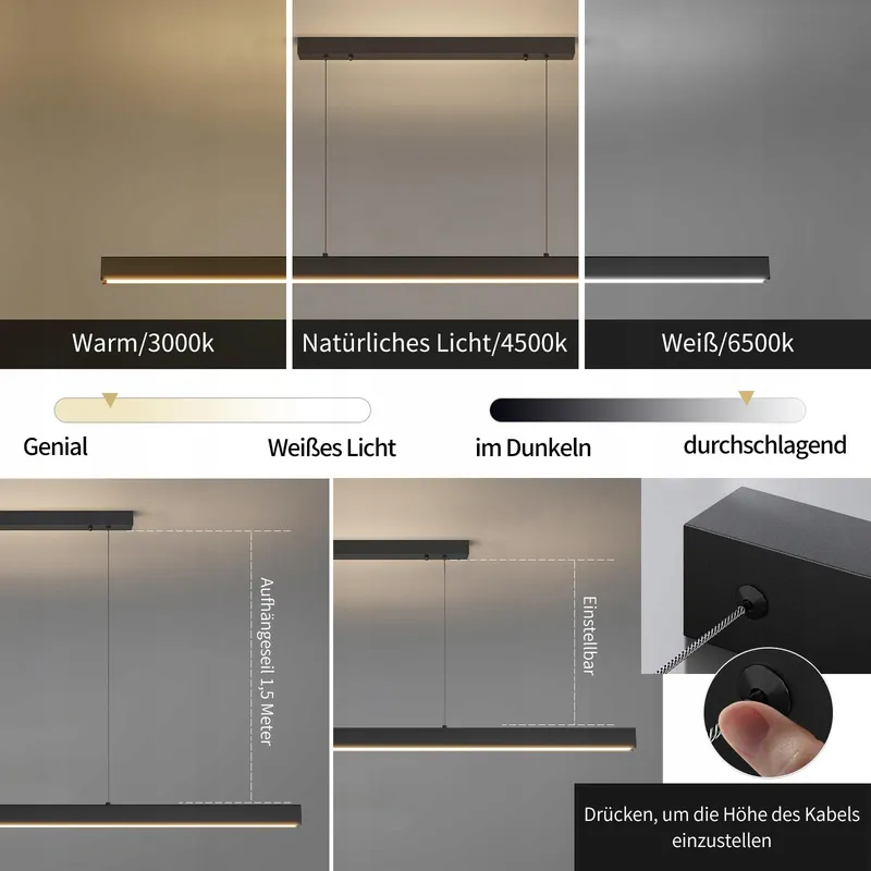 MIKERU Moderne LED Hanglamp Dimbaar 120cm 3 Kleuren Eetkamer — foto 2
