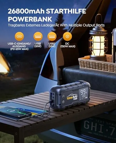 YABERAUTO Powerbank 6000A 26800mAh USB C PD 65W Benzine Diesel — foto 6