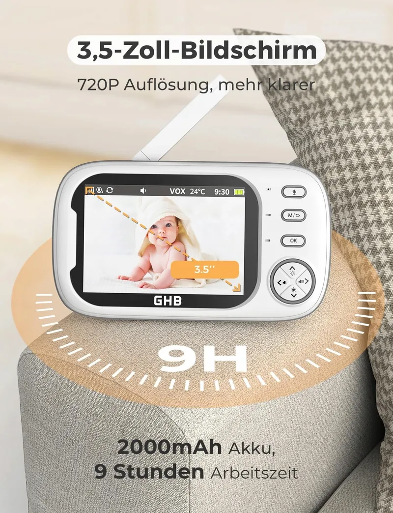 GHB Babyfoon Camera 3,5 Inch Monitor VOX Nachtmodus Slaapliedjes — foto 4