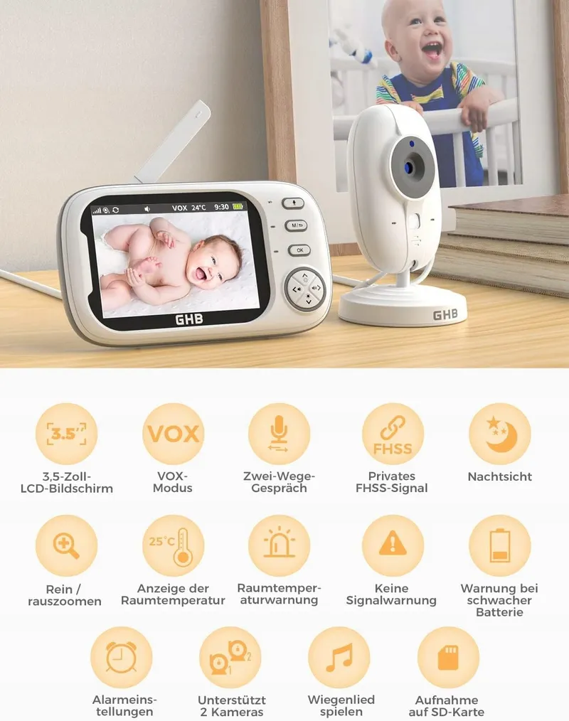 GHB Babyfoon Camera 3,5 Inch Monitor VOX Nachtmodus Slaapliedjes — foto 3