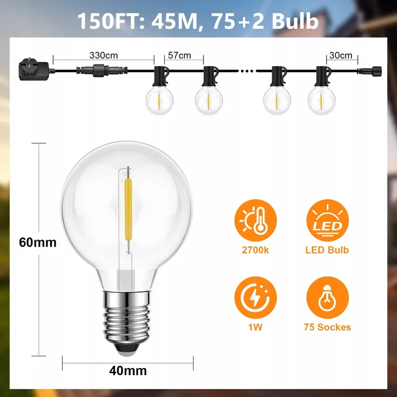 GPATIO LED Tuinlichtslinger 45M 75+2 G40 IP45 — foto 4