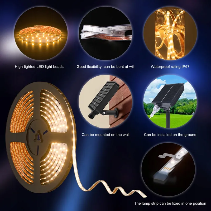 MIWATT Solar LED Strip Buiten IP67 5M Warmwit 280 LED — foto 3
